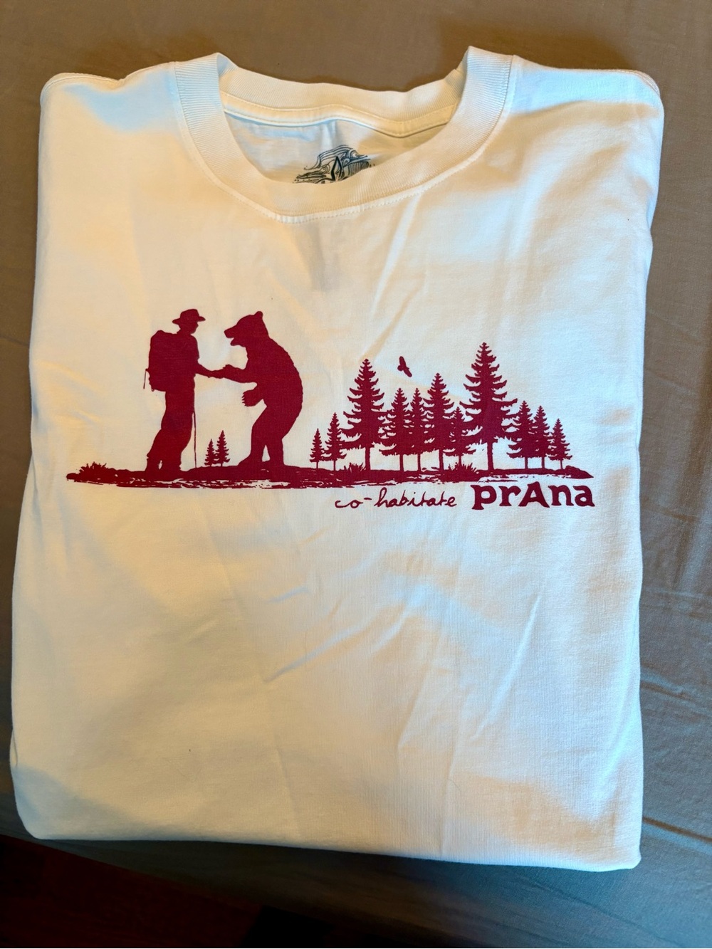 Prana White Short Sleeve Tee with Maroon Nature Graphic